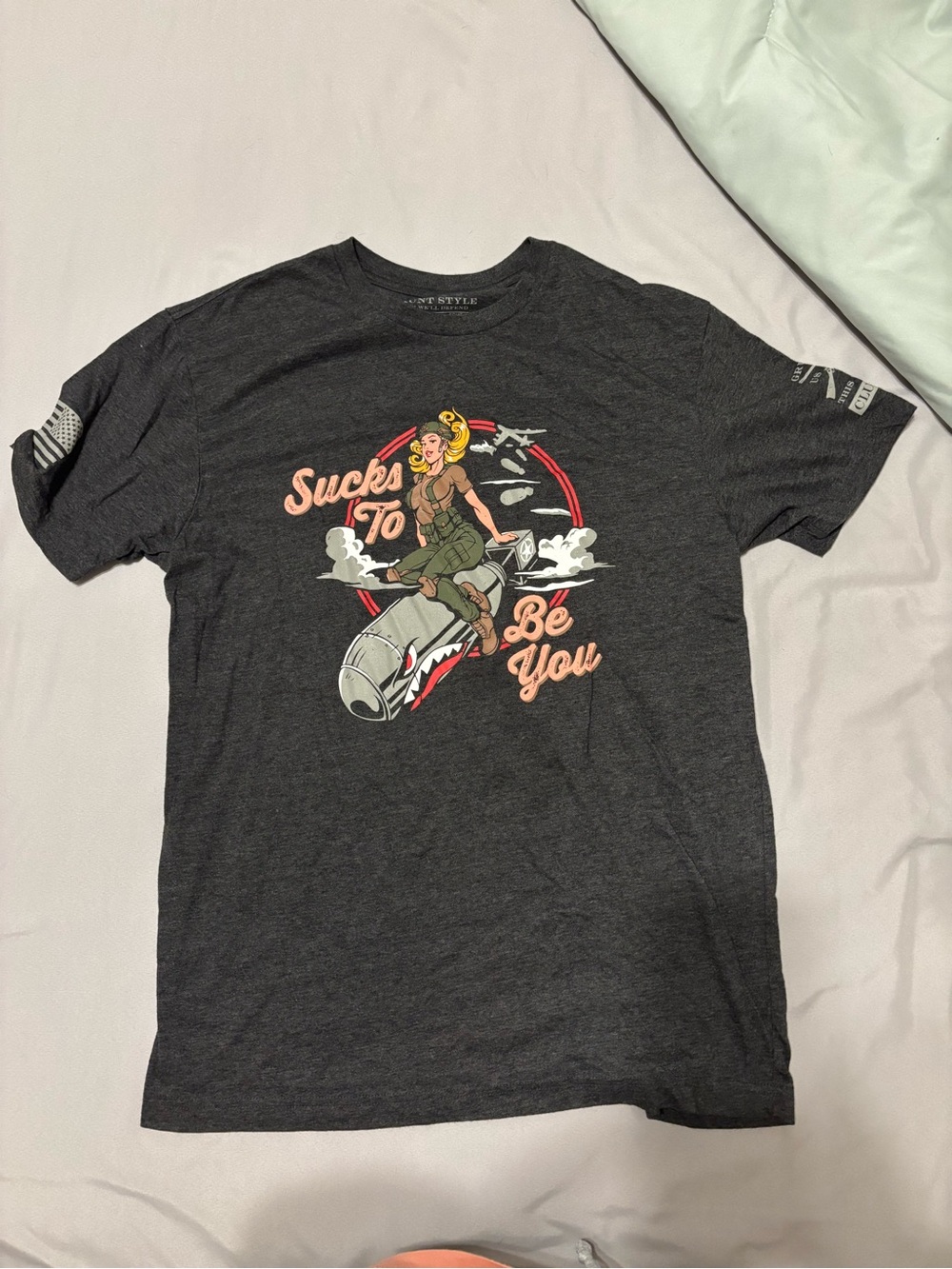 Grunt Style Charcoal Graphic Tee with Pin-Up Bomb Rider